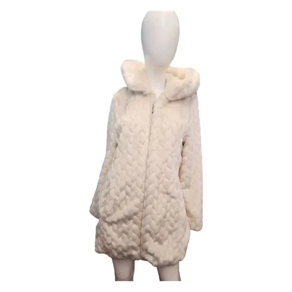 Gallery Cream Faux Fur Hoided Jacket Womens Medium - Picture 3 of 10